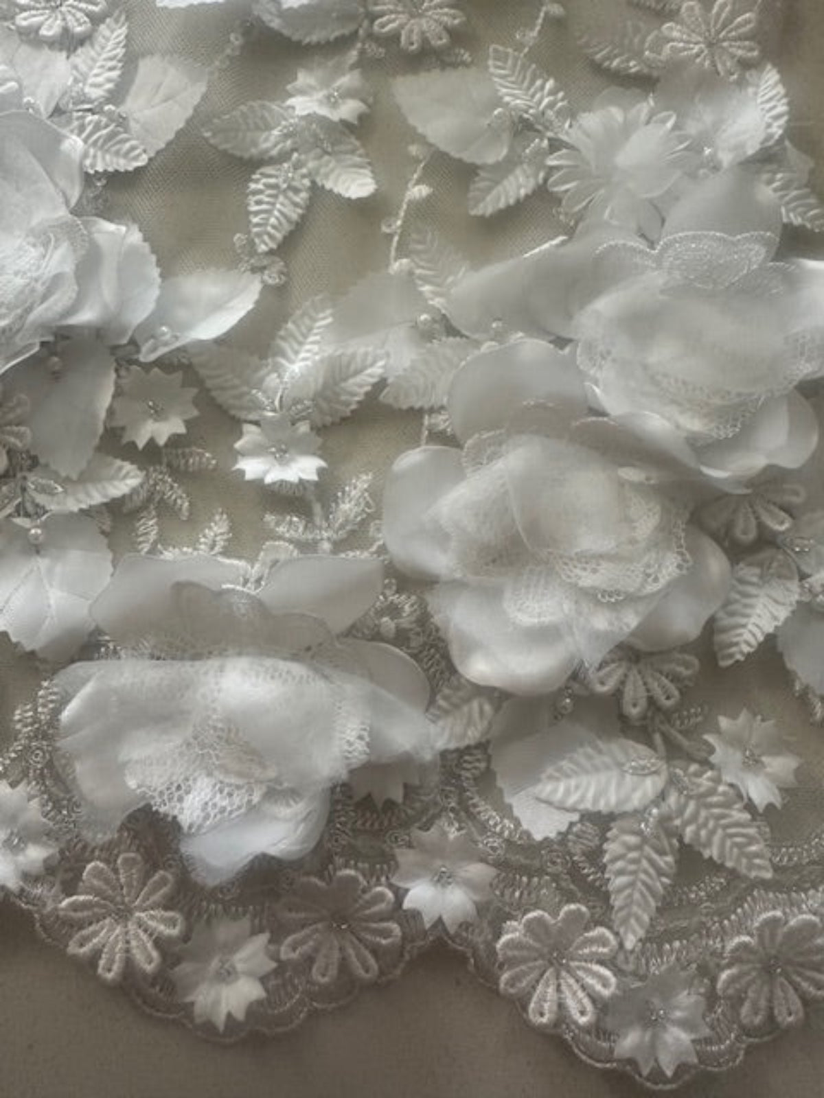 Ivory Laser Cut 3D Trailing Floral with Pearl & Sequin Detail on Tulle