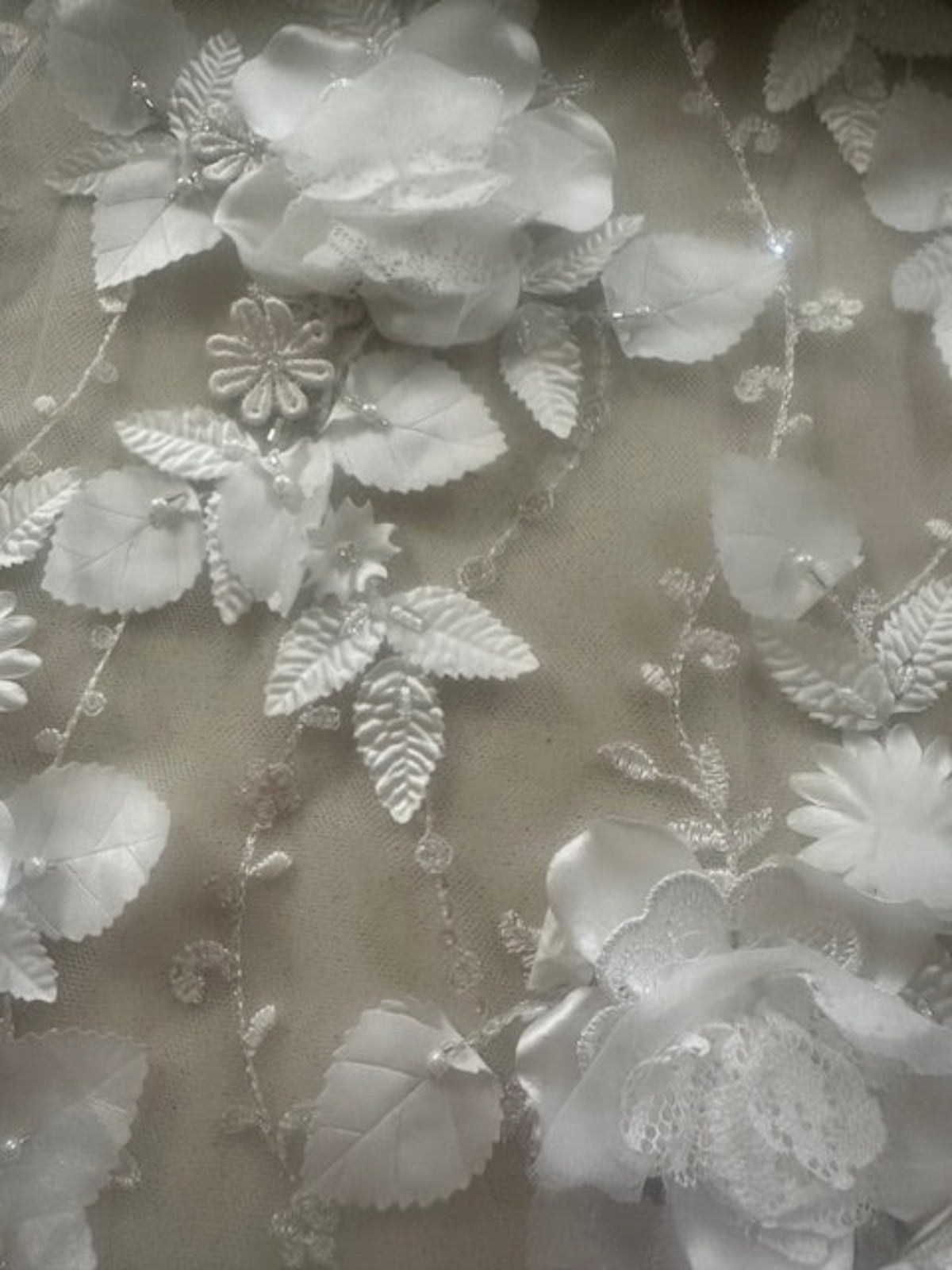 Ivory Laser Cut 3D Trailing Floral with Pearl & Sequin Detail on Tulle
