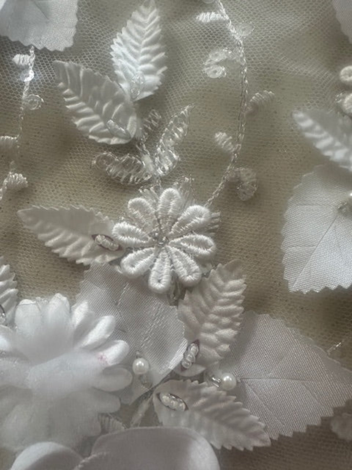Ivory Laser Cut 3D Trailing Floral with Pearl & Sequin Detail on Tulle