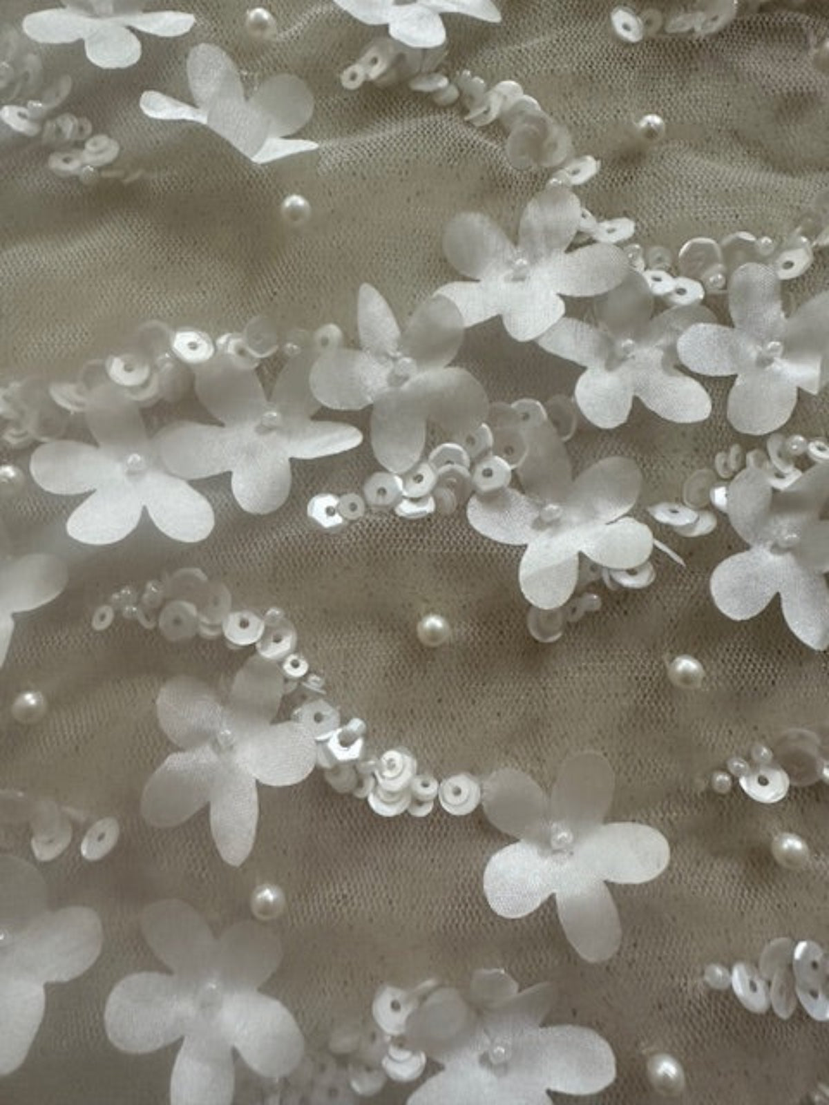 Ivory Laser Cut Pearl & Sequin Graduated Design on Tulle