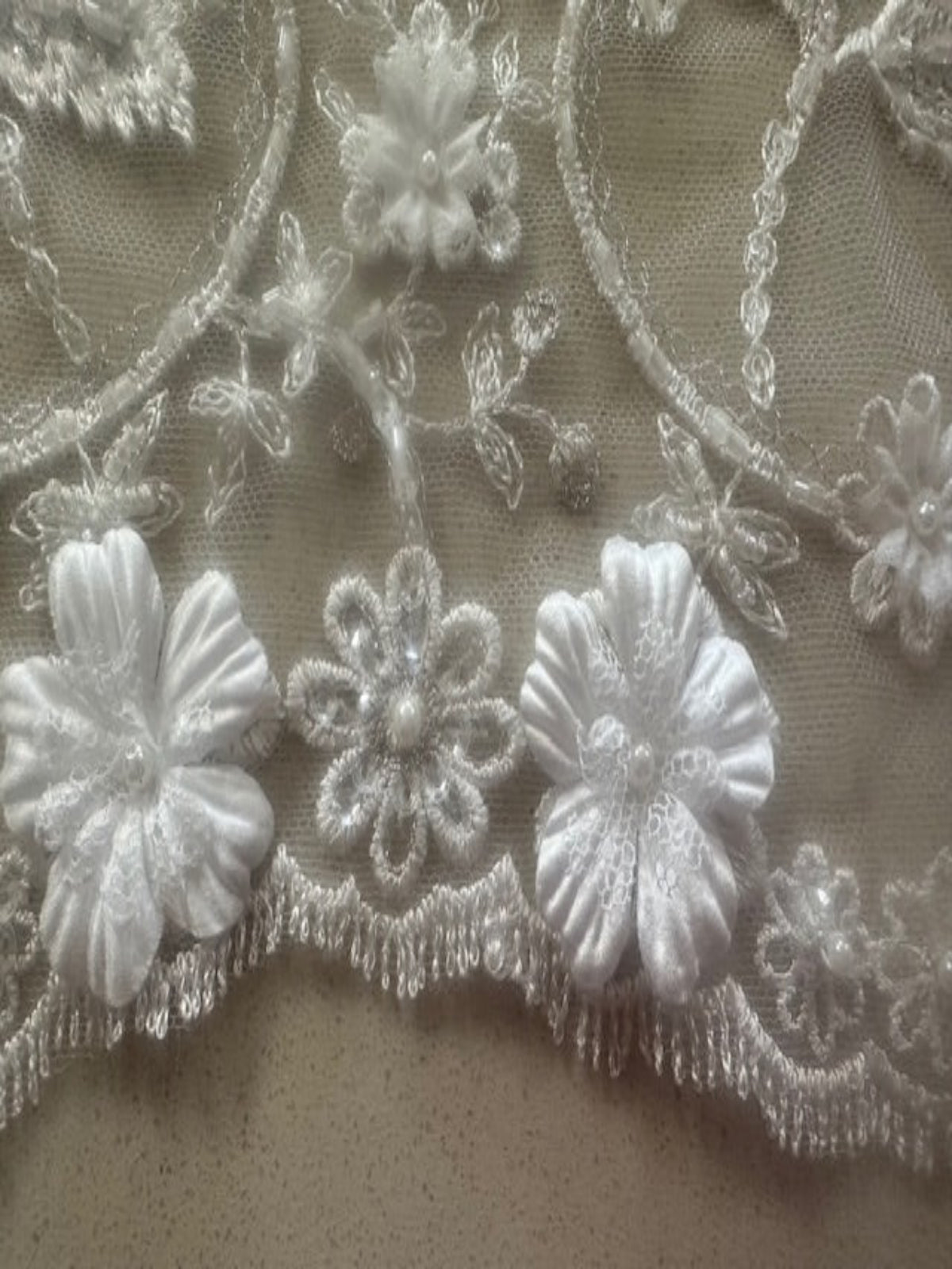 Ivory Trailing Laser cut Floral with Pearl Detail on Tulle