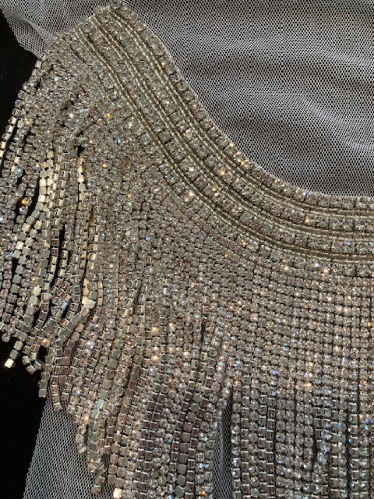 Crystal Neckline Fringing on Tulle. Sold as Pieces