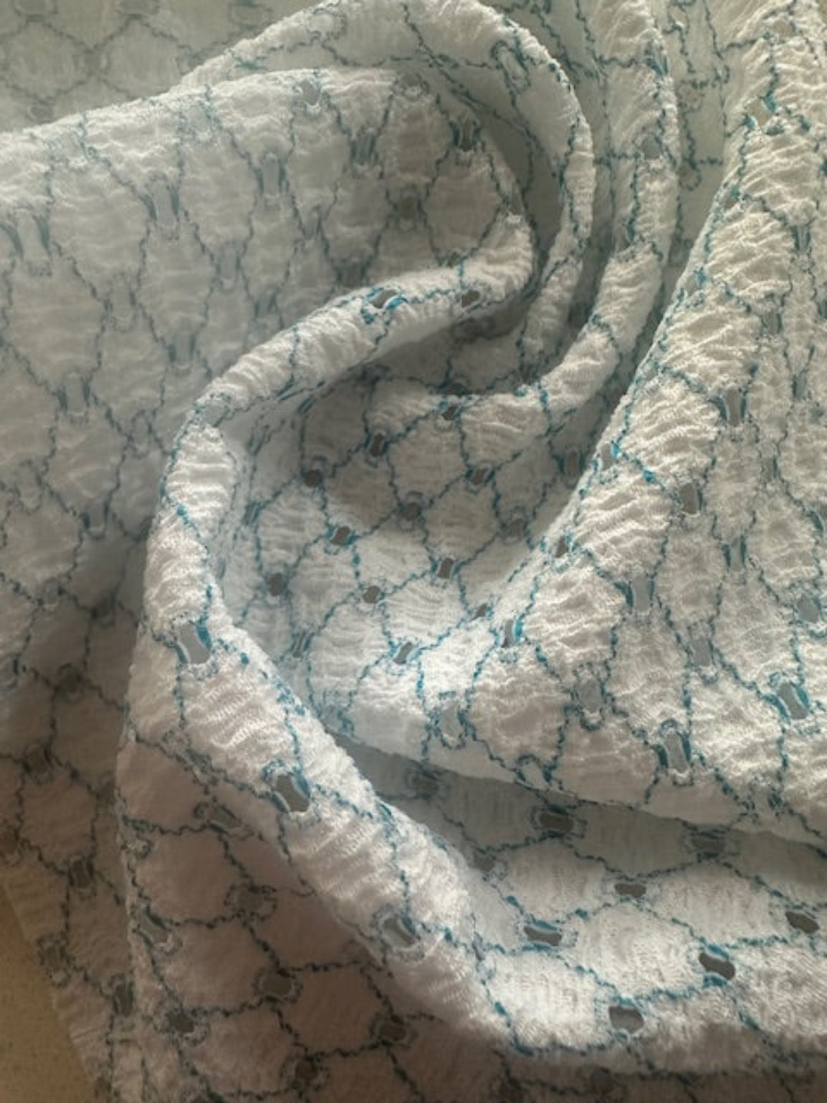 Turquoise Trellis with Stretch. Airtex Fabric