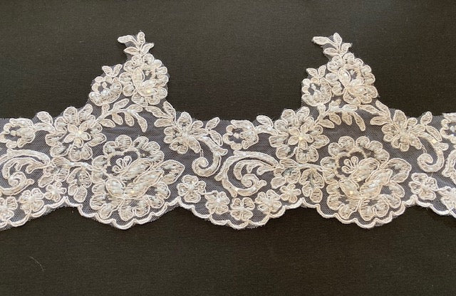 White Corded Lace Edging with Beaded & Sequin Detail. 16cm Max Width