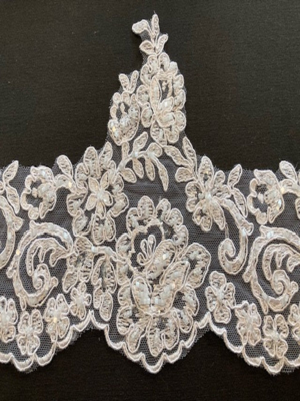 White Corded Lace Edging with Beaded & Sequin Detail. 16cm Max Width