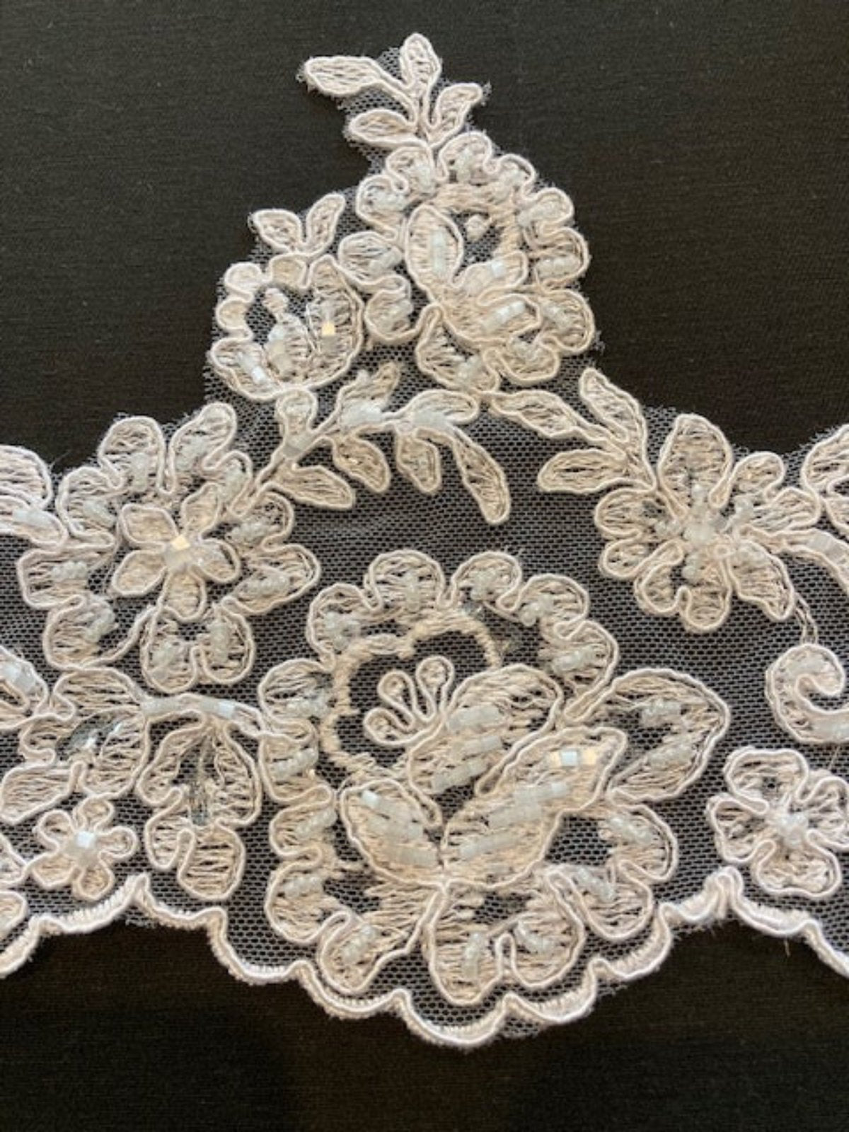 White Corded Lace Edging with Beaded & Sequin Detail. 16cm Max Width