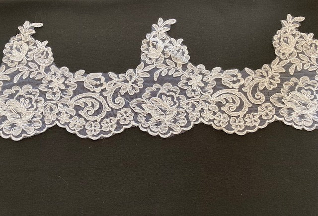 White Corded Lace Edging with Beaded & Sequin Detail. 16cm Max Width