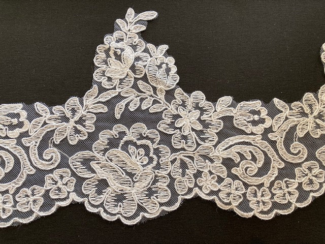 White Corded Lace Edging with Beaded & Sequin Detail. 16cm Max Width