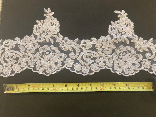 White Corded Lace Edging with Beaded & Sequin Detail. 16cm Max Width