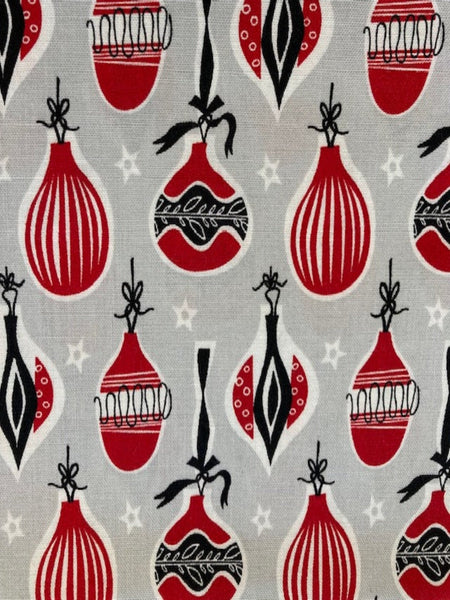 Red Christmas Baubles on Grey Cotton Print