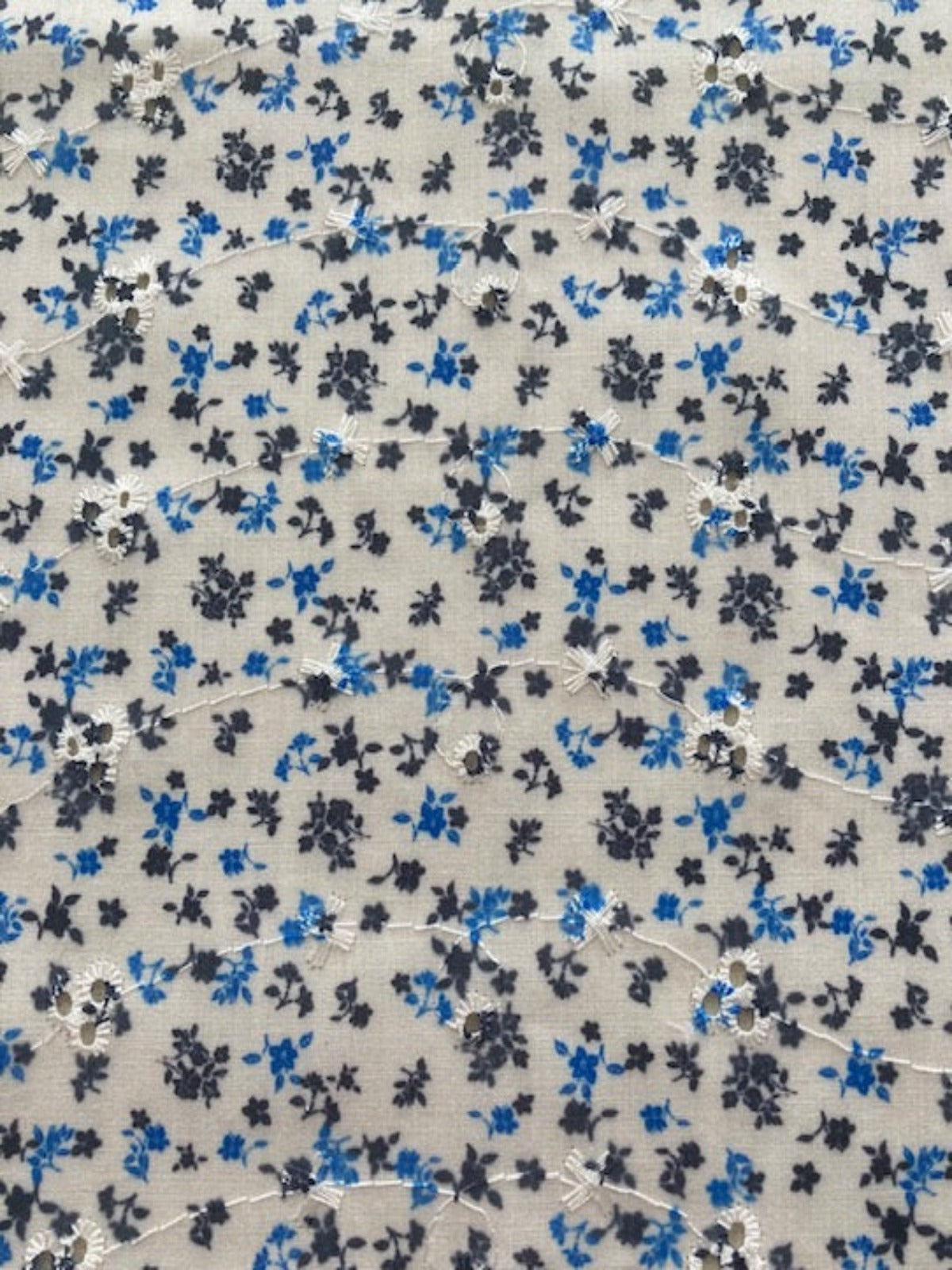 Royal & Black Ditsy Embroidered Broderie Anglais Fabric – Cotton Feel