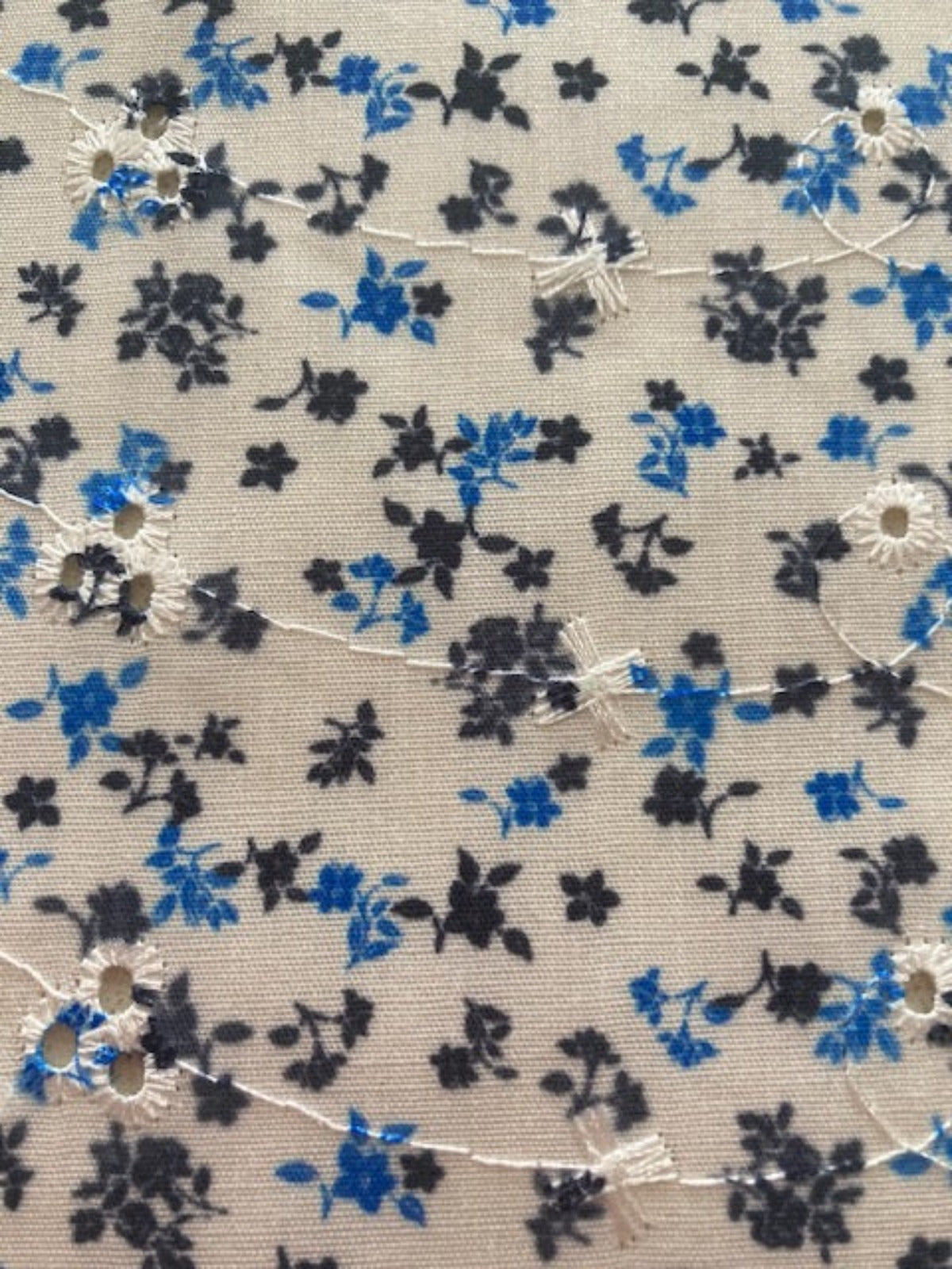 Royal/Black Ditsy on Embroidered Broderie Anglais, Cotton Feel