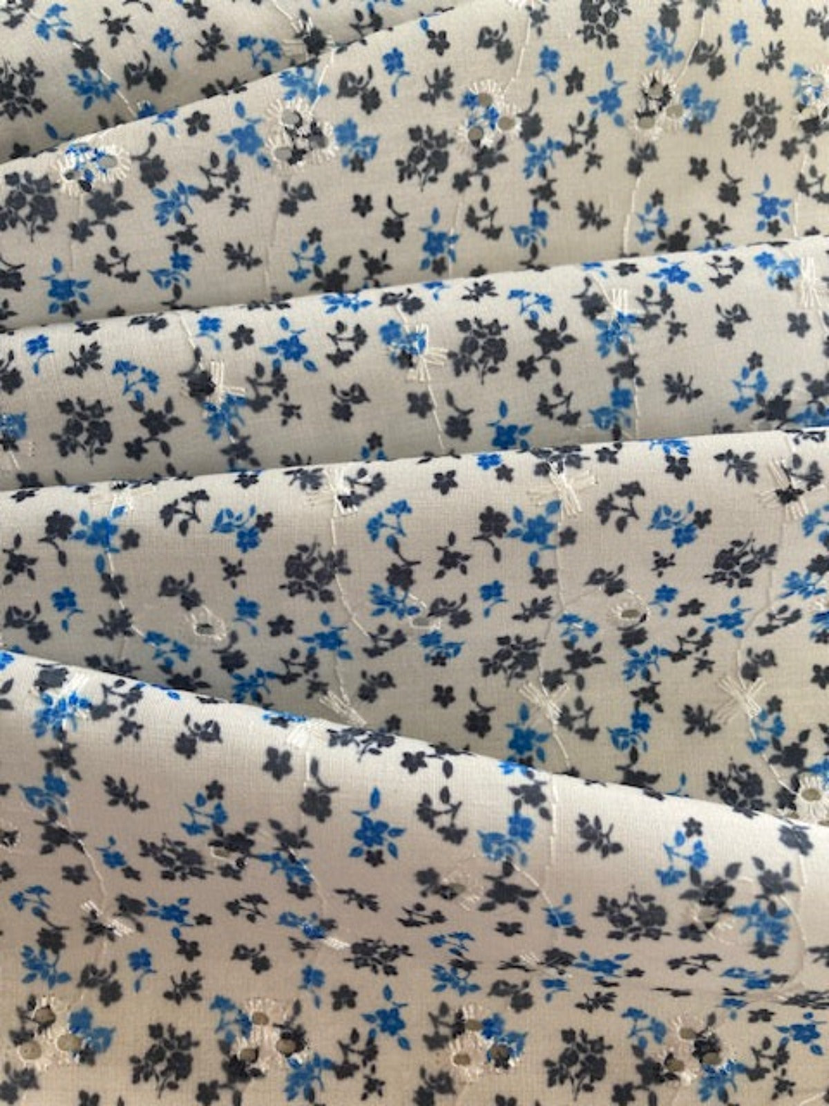 Royal & Black Ditsy Embroidered Broderie Anglais Fabric – Cotton Feel