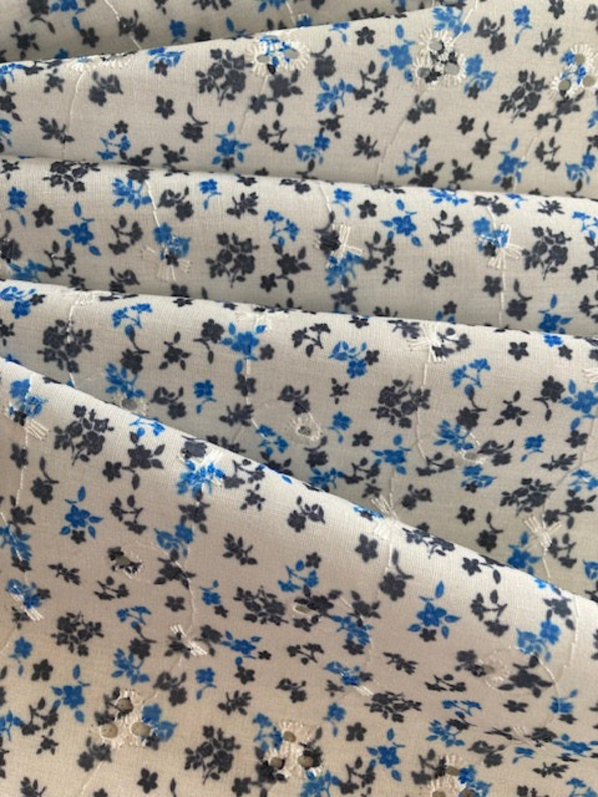 Royal & Black Ditsy Embroidered Broderie Anglais Fabric – Cotton Feel