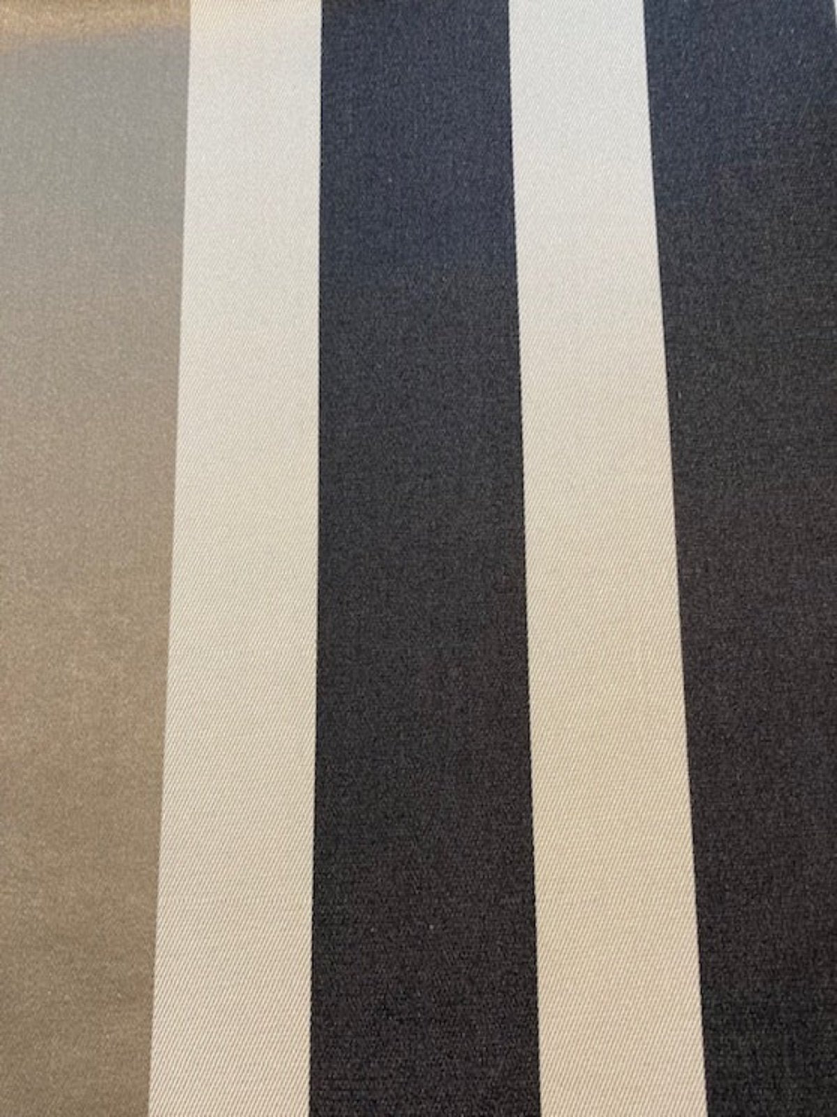 Grey/Black Satin Stripe on Ivory Twill. Stripes run along the Fabric. Cotton/Silk Mix