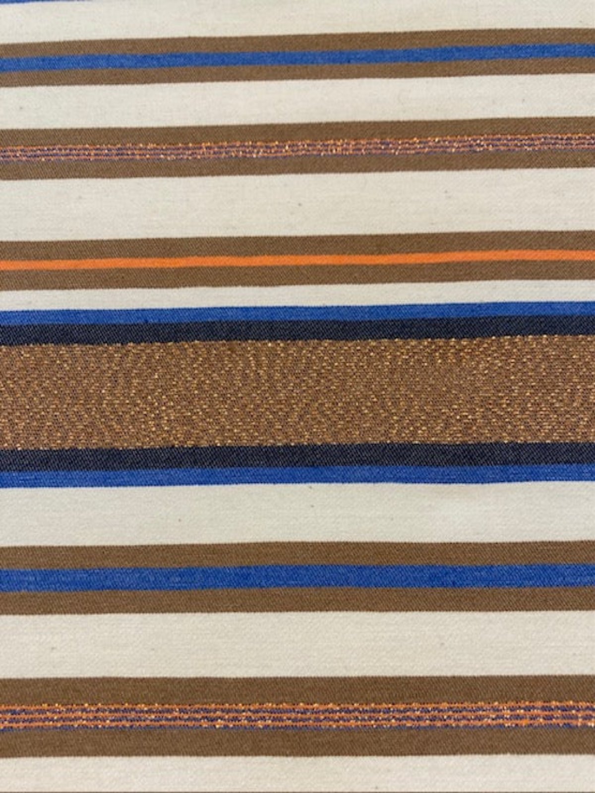 Bronze & Blue Woven Stripe with Lurex Detail. One Way Stretch. Stripes run across the fabric.