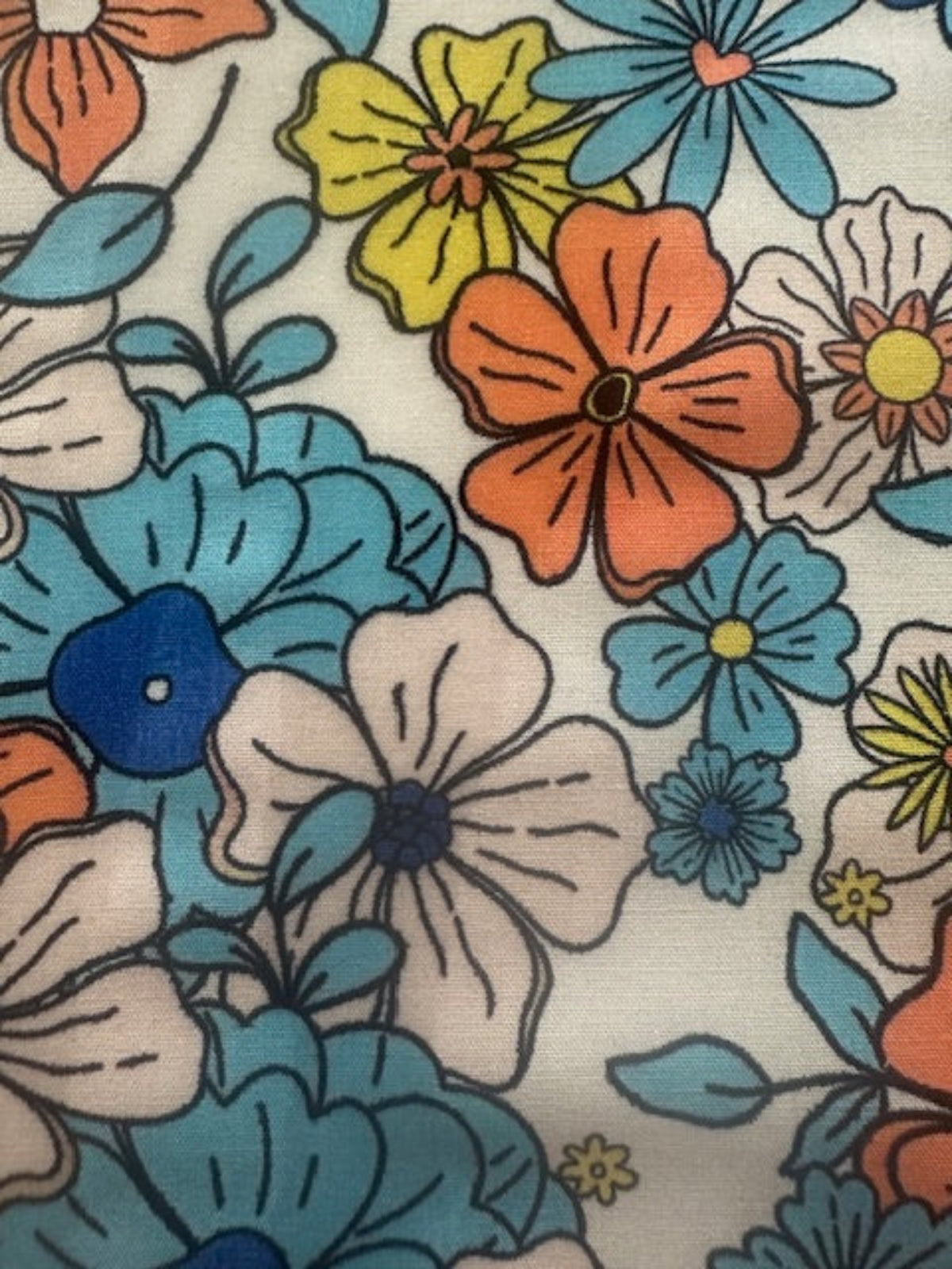 Coral/Blue Overlapping Flowers on Cotton Lawn