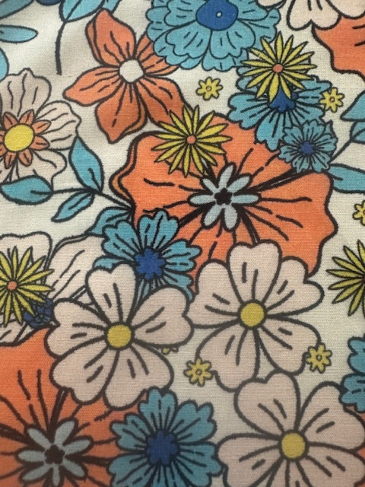 Coral/Blue Overlapping Flowers on Cotton Lawn