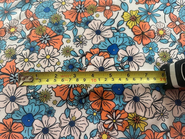 Coral/Blue Overlapping Flowers on Cotton Lawn
