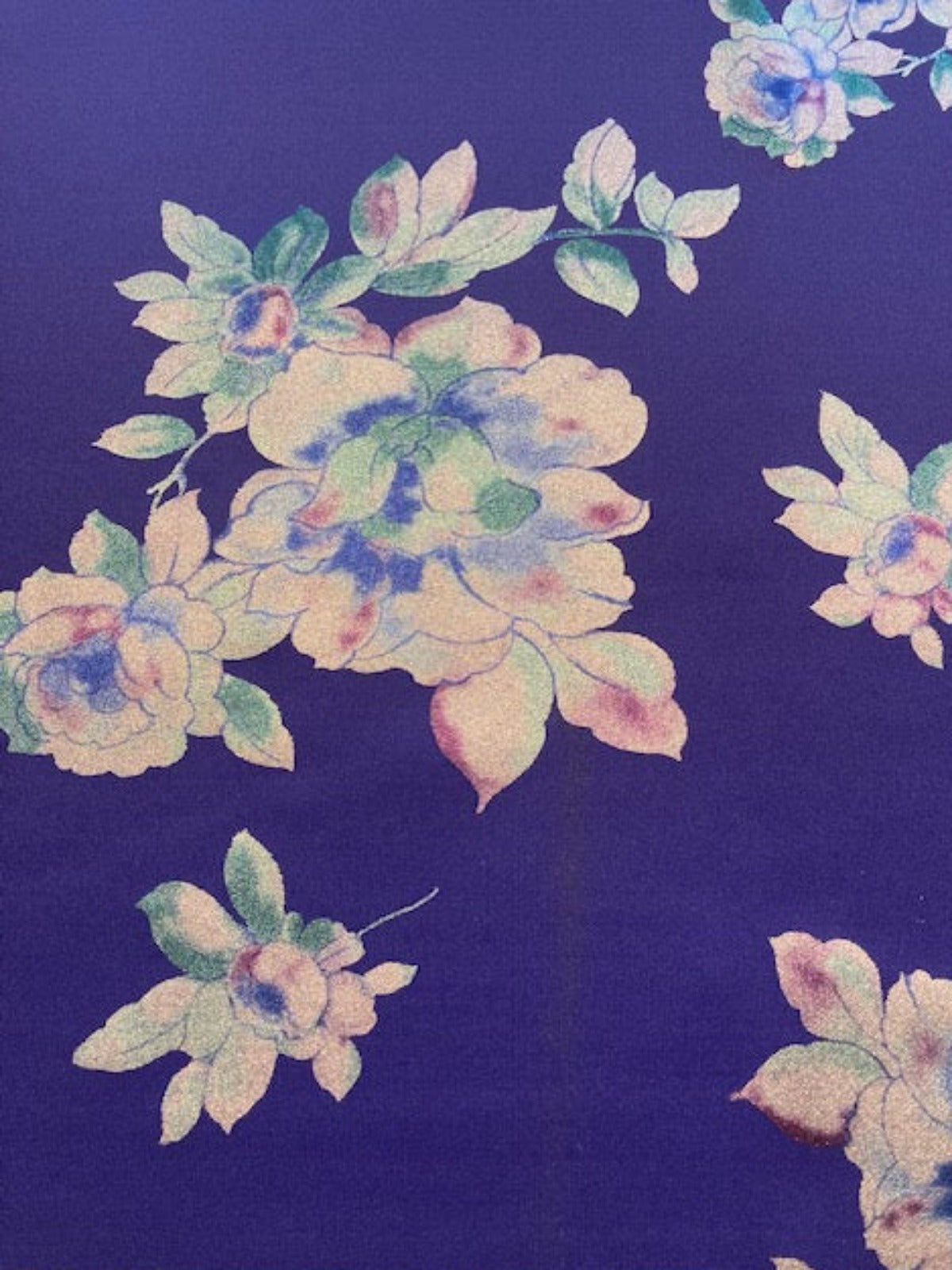 Silver Flower Bunches on Cobalt Blue Stretch Scuba Fabric