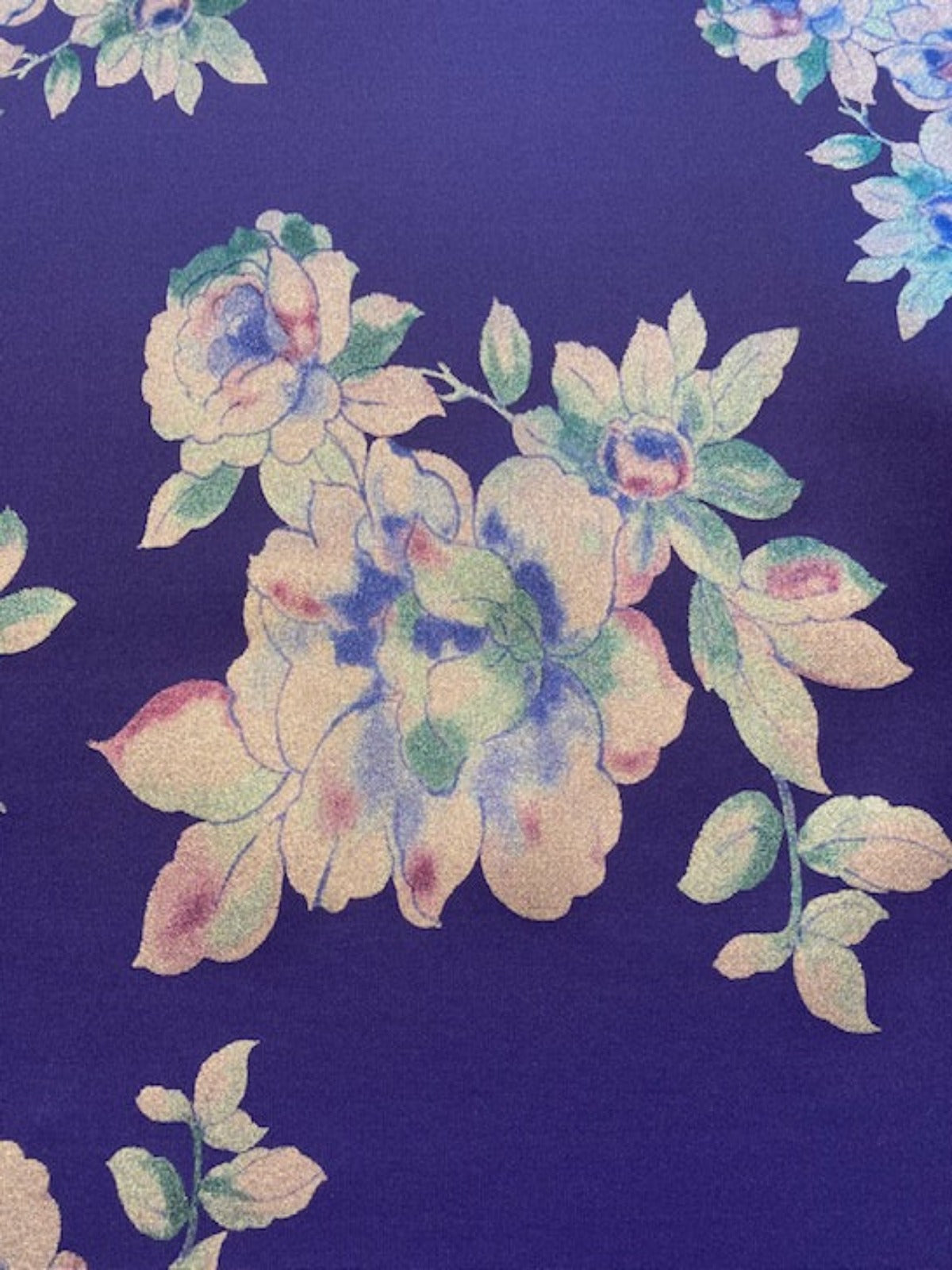 Silver Flower Bunches on Cobalt Blue Stretch Scuba Fabric