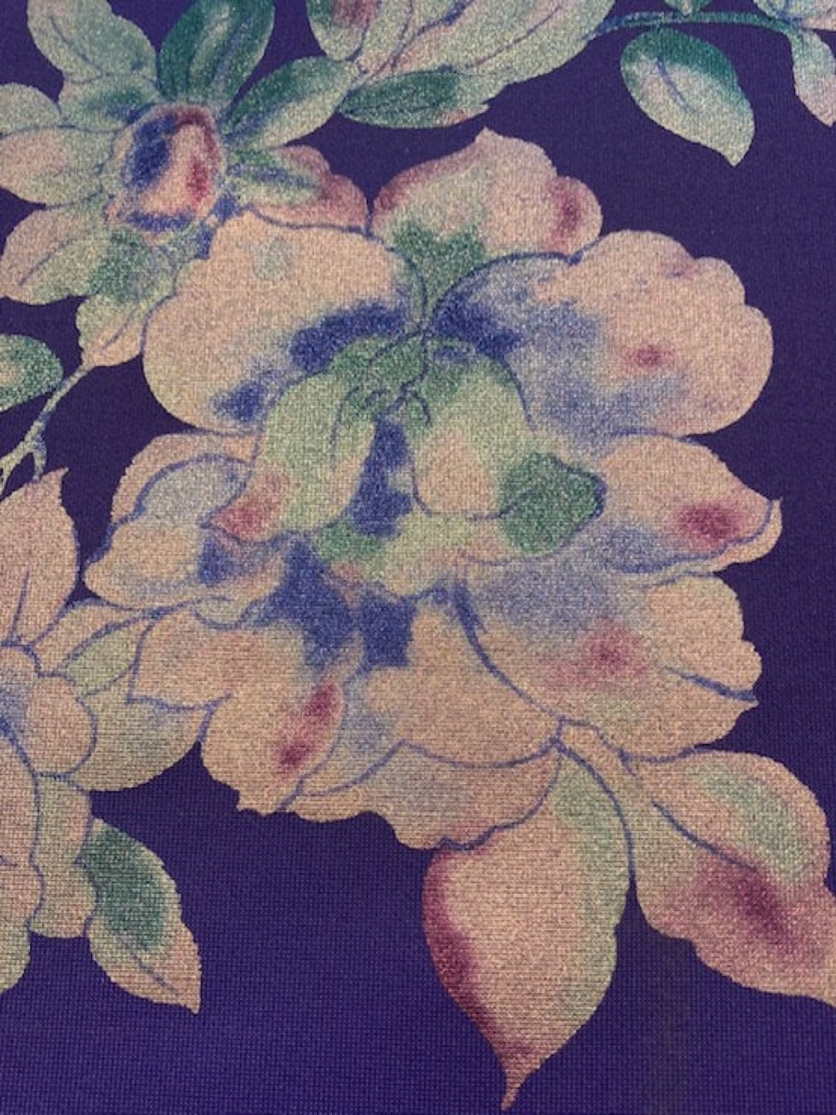 Silver Flower Bunches on Cobalt Blue Stretch Scuba Fabric