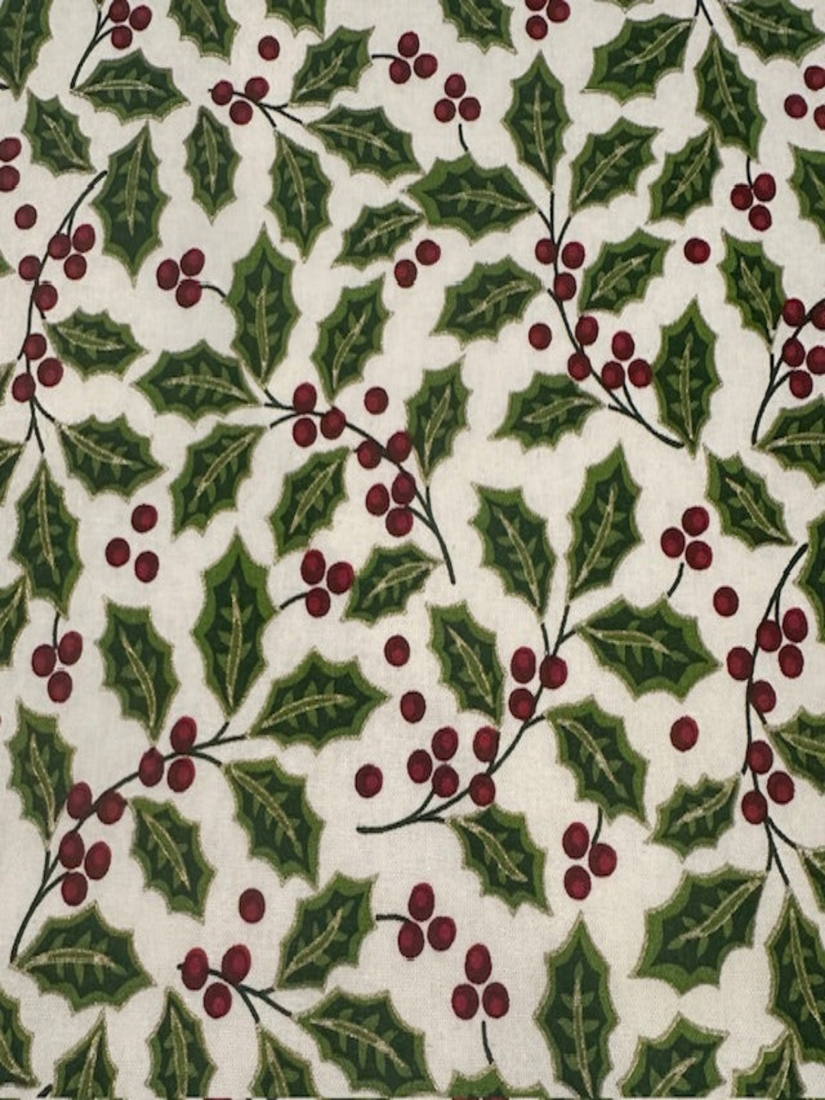 Christmas Green Hollies & Red Berries on Ivory Cotton