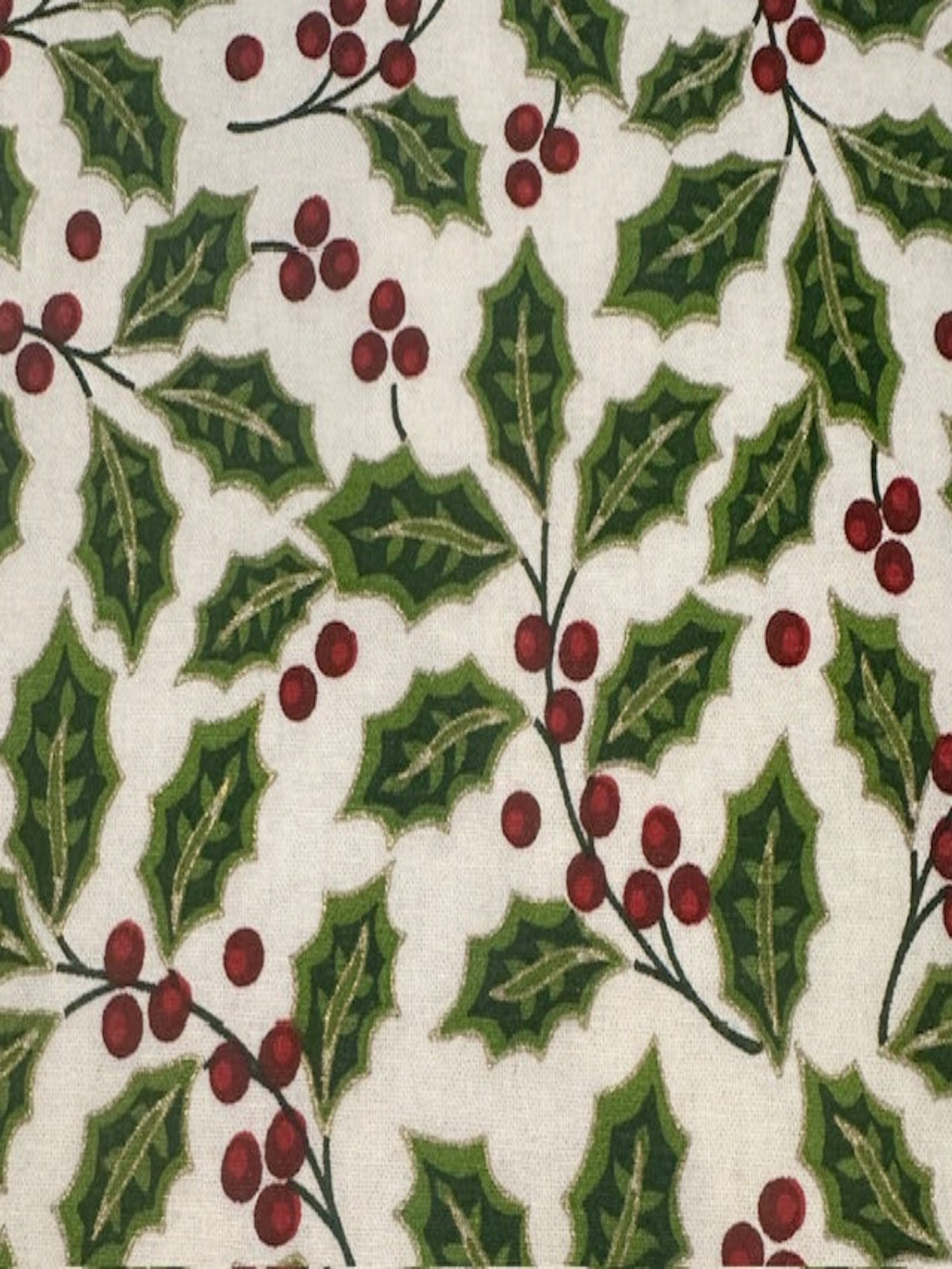 Christmas Green Hollies & Red Berries on Ivory Cotton
