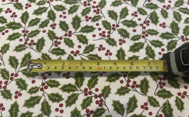 Christmas Green Hollies & Red Berries on Ivory Cotton