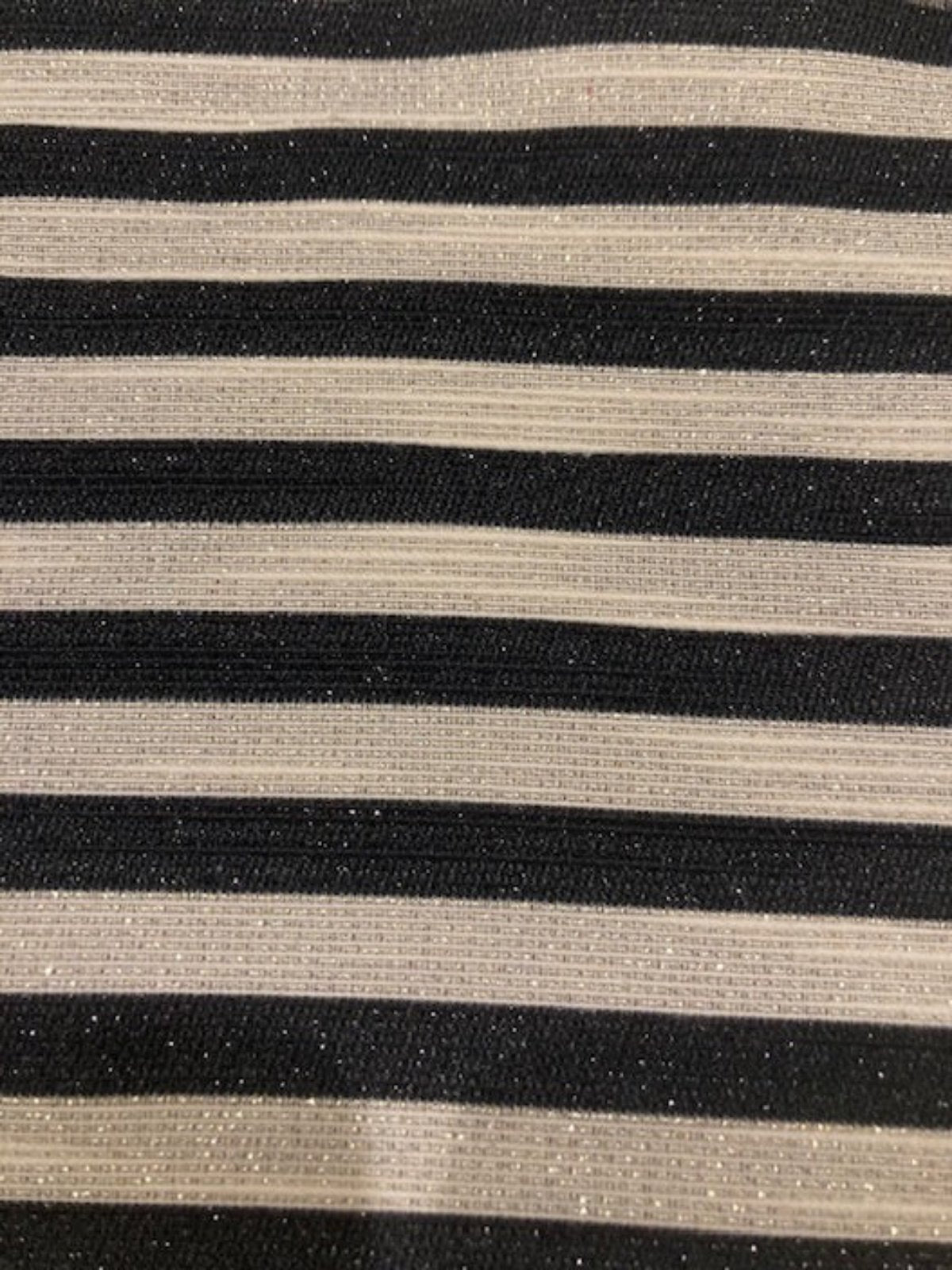 Black 8mm Stripe with Allover Gold Glitter Lurex Effect. Stripes run across the fabric.