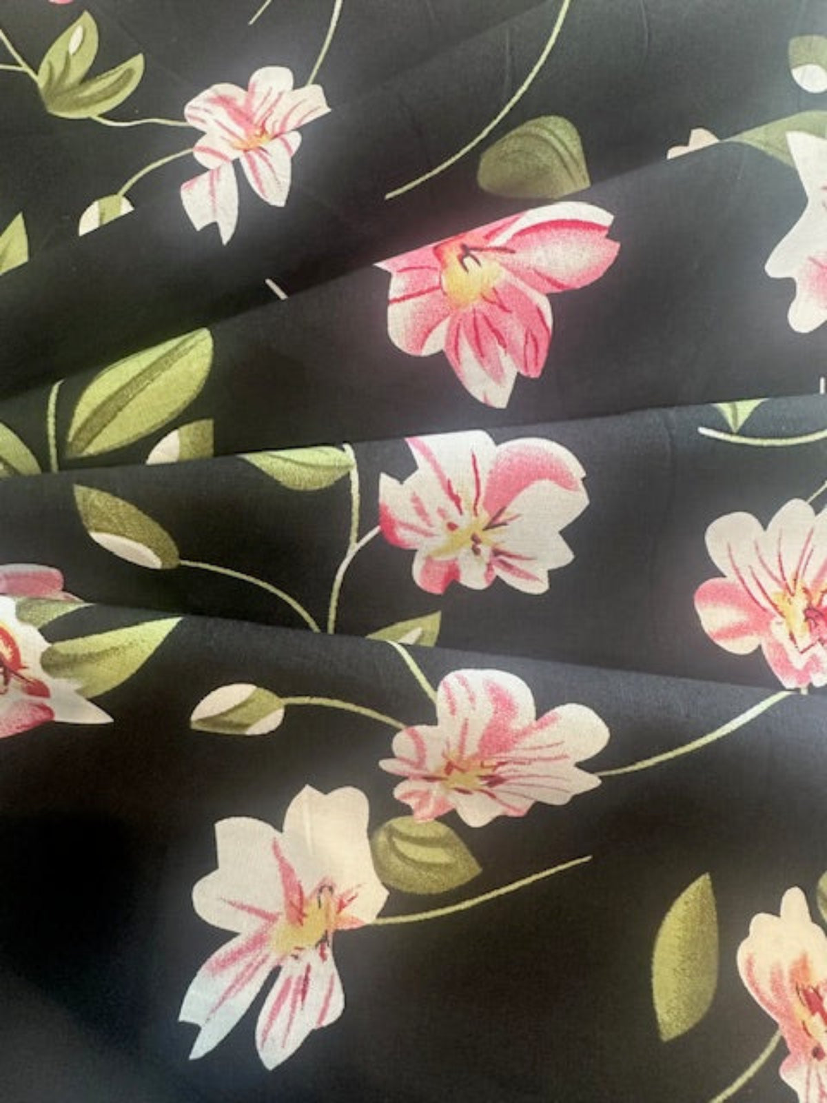 Pink Flower on Black Cotton Poplin