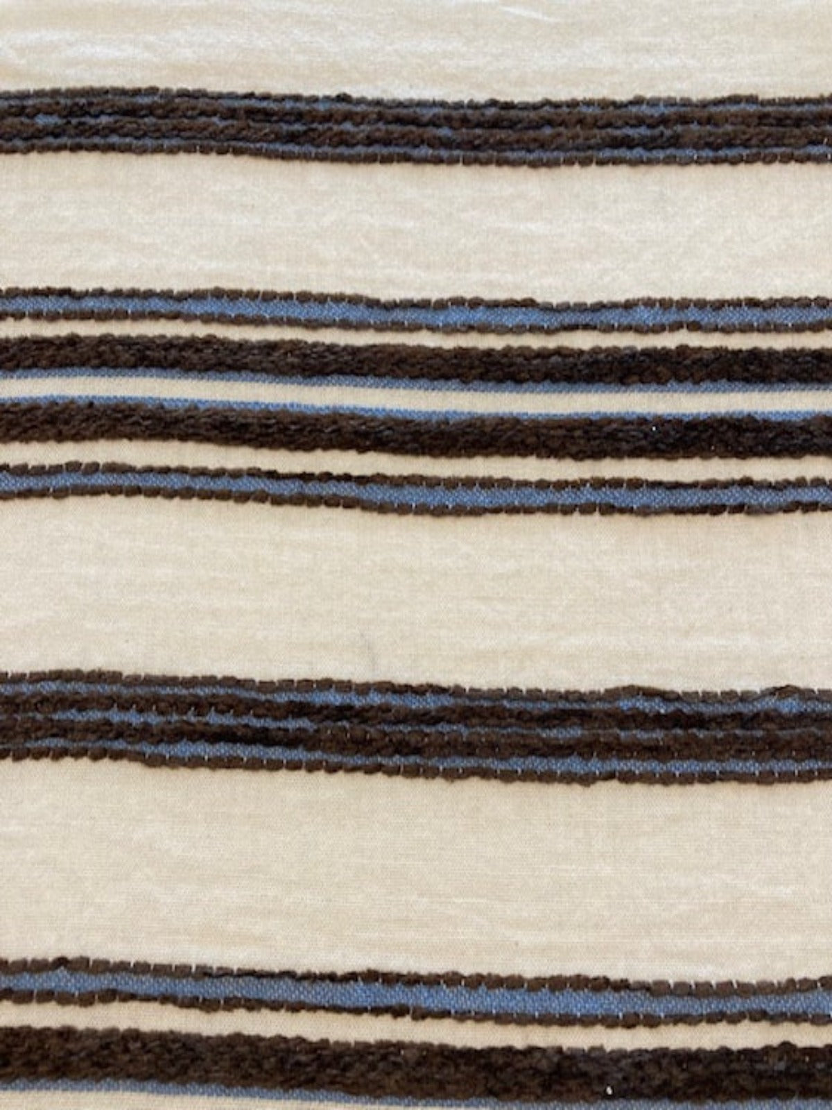 Brown & Blue Raised Embroidered Stripe on Cream Cotton, Stripes Run Across the fabric
