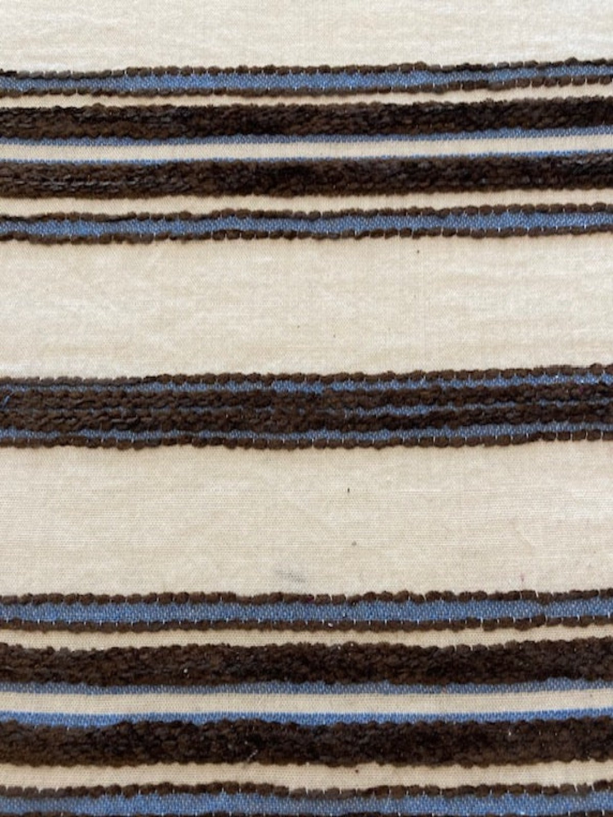Brown & Blue Raised Embroidered Stripe on Cream Cotton, Stripes Run Across the fabric