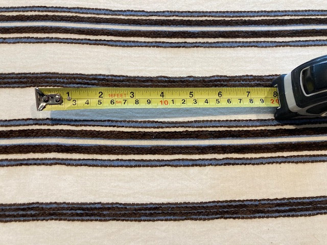 Brown & Blue Raised Embroidered Stripe on Cream Cotton, Stripes Run Across the fabric