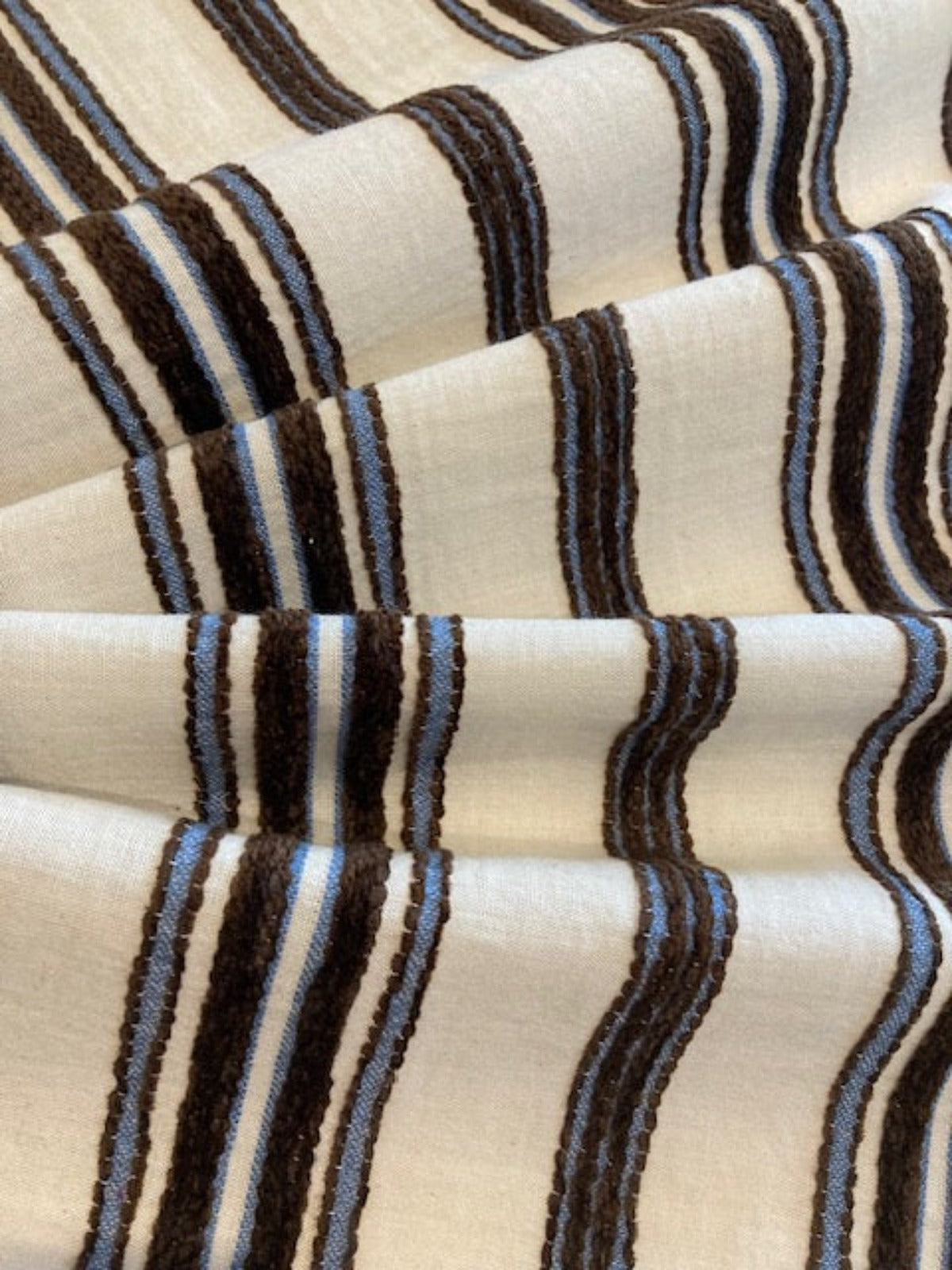 Brown & Blue Raised Embroidered Stripe on Cream Cotton, Stripes Run Across the fabric