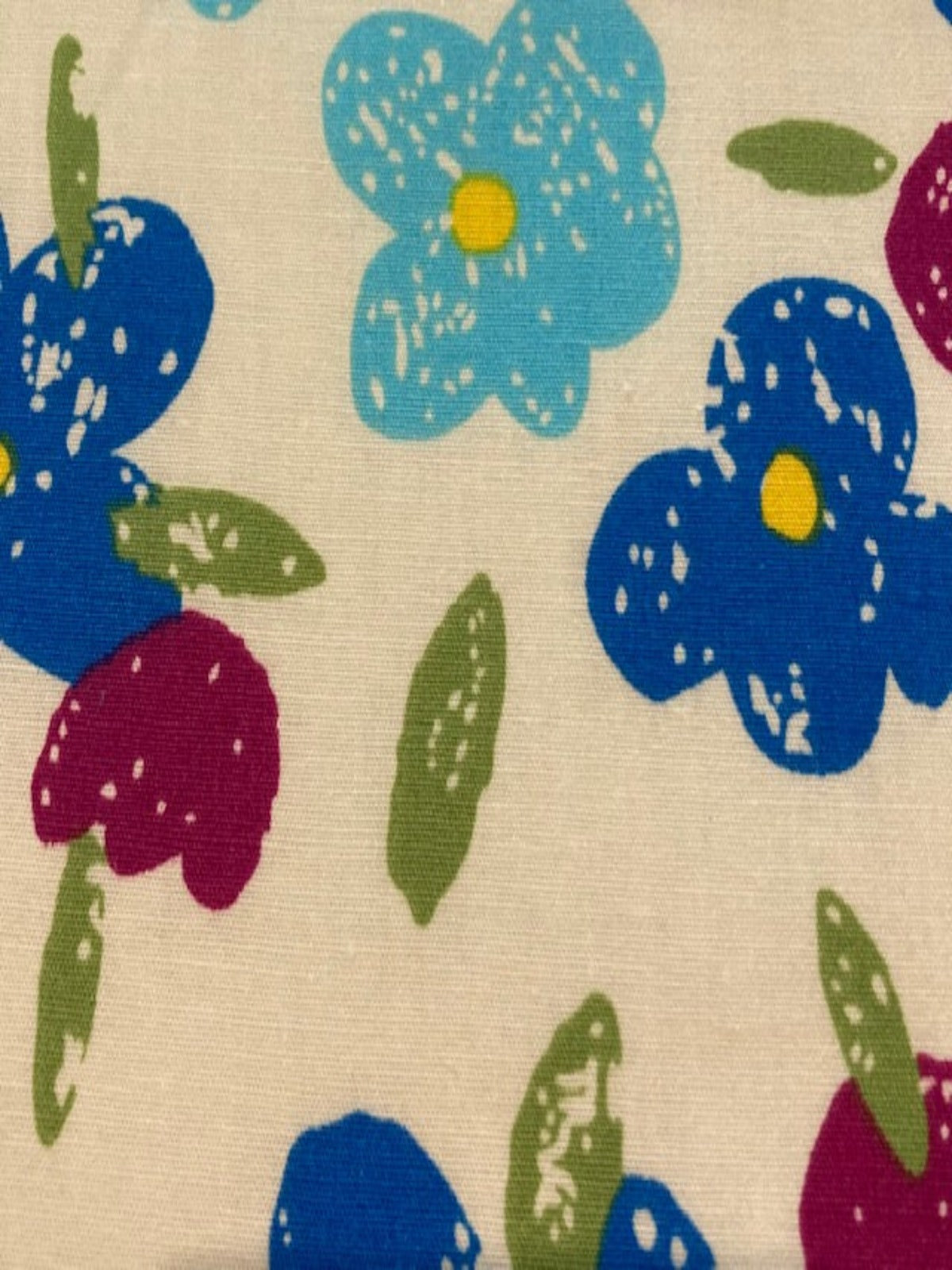 Blue & Cerise Blotched flowers on Cream Cotton Lawn