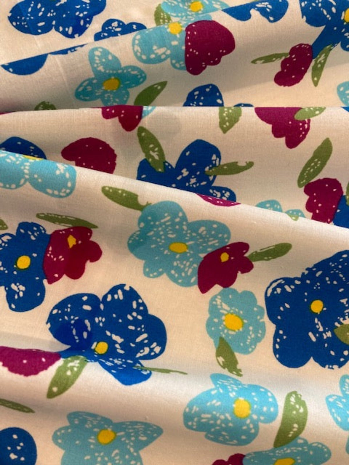 Blue & Cerise Blotched Flowers on Cream Cotton Lawn