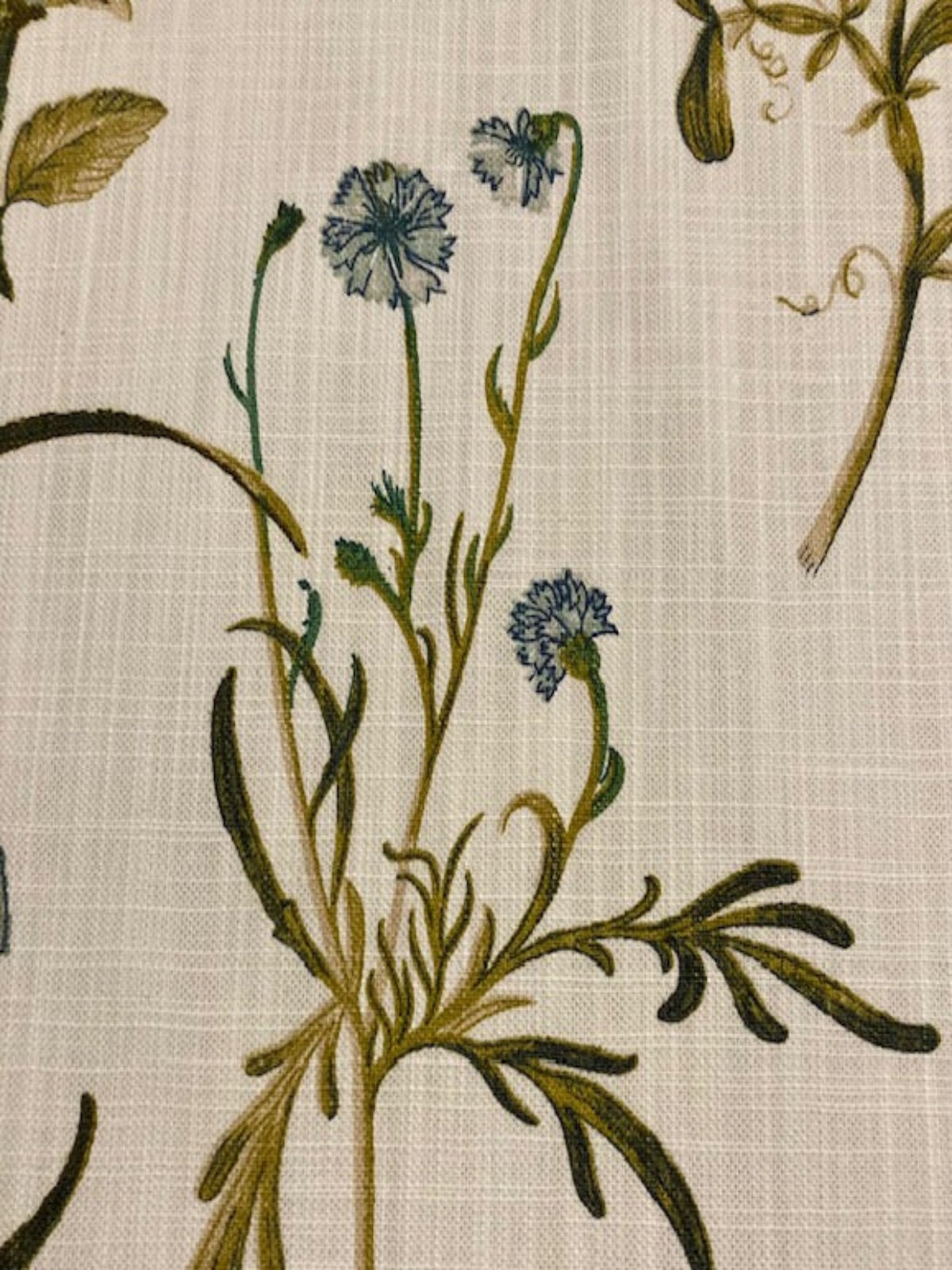 Olive/Teal Hedgerow Flowers on Slubbed Cotton 