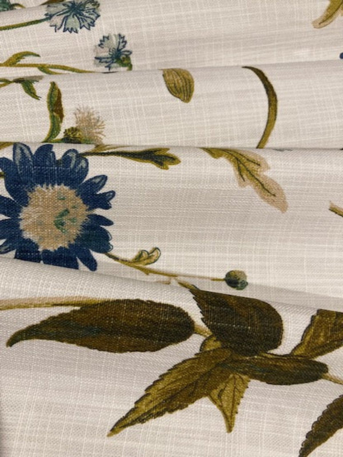 Olive/Teal Hedgerow Flowers on Slubbed Cotton 