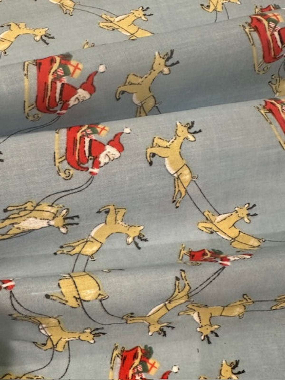 Santa Sleigh & Reindeer on Blue Poly/Cotton