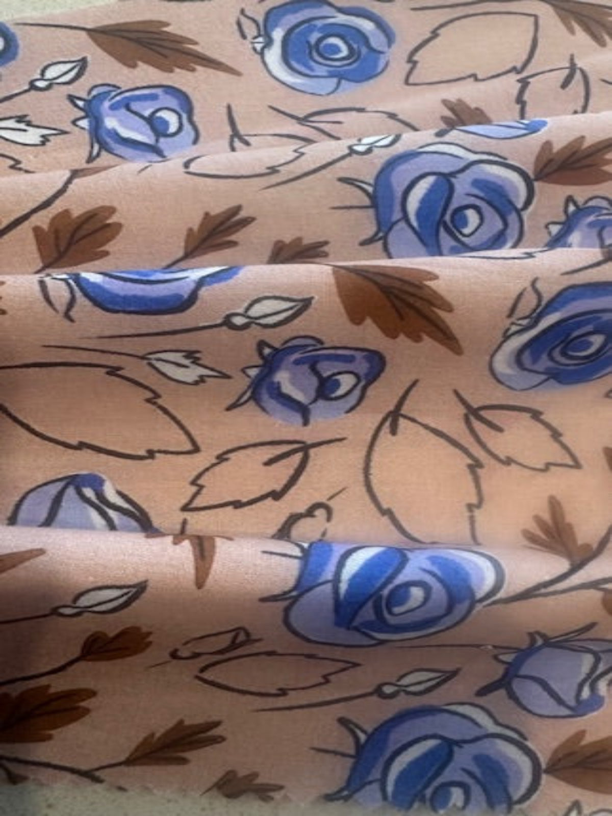 Blue Roses on Coffee Cotton Lawn