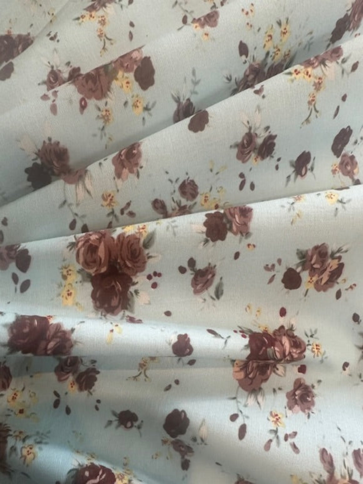 Burgundy Rose Bunches on Mint Cotton Poplin