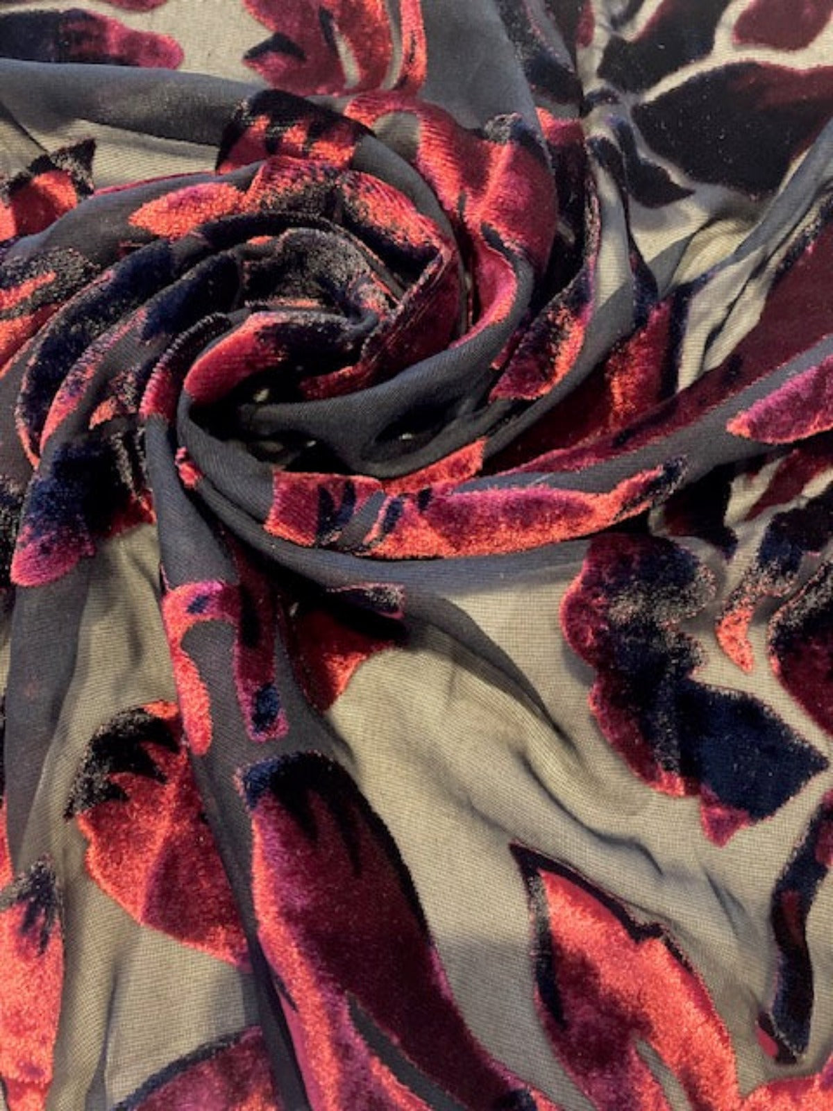 Burgundy Velvet Flower Burnout on Black