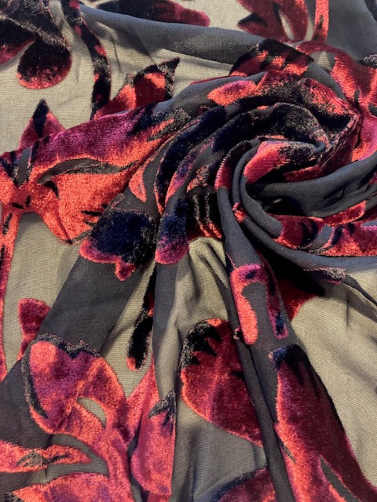 Burgundy Velvet Flower Burnout on Black