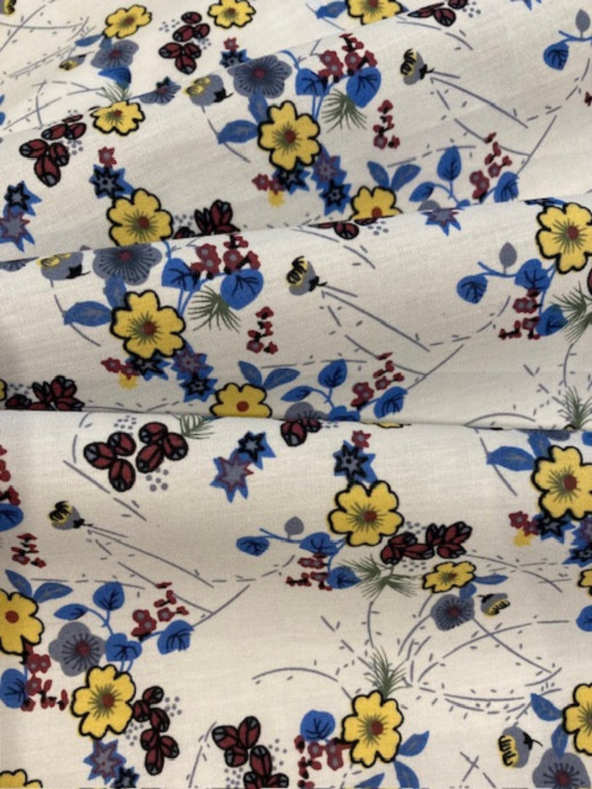 Blue & Yellow Flowers on White Cotton Lawn