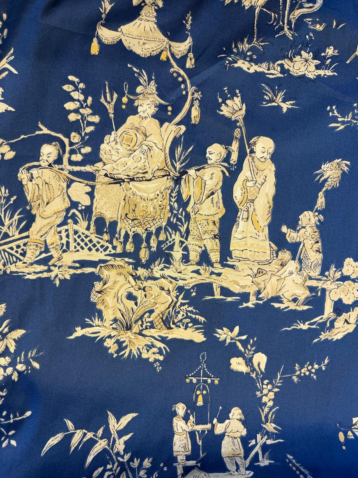 Luxury Navy Blue Oriental Print Cotton Fabric | Premium Furnishing Fabric