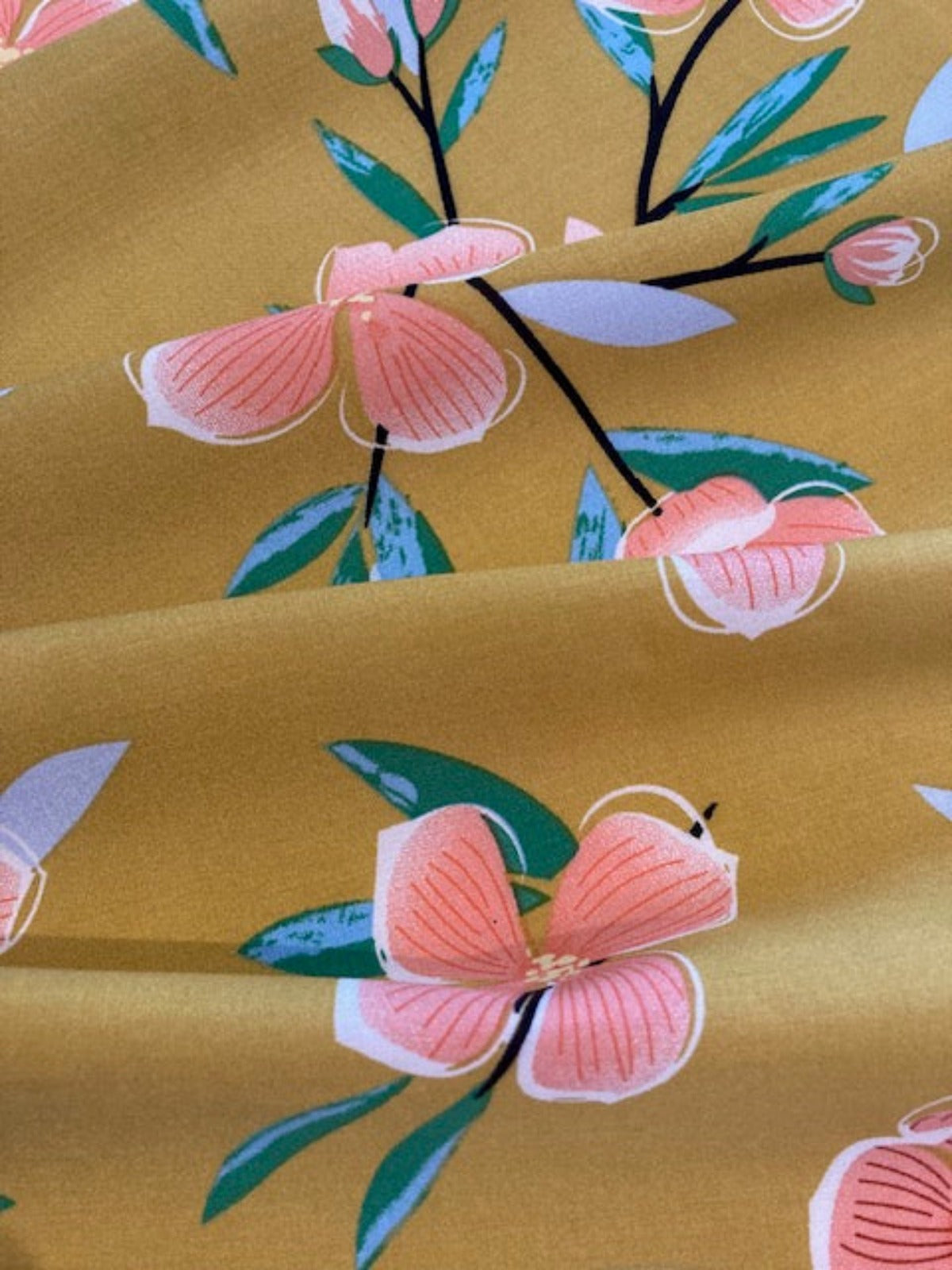 Coral Flower Print on Mustard Viscose