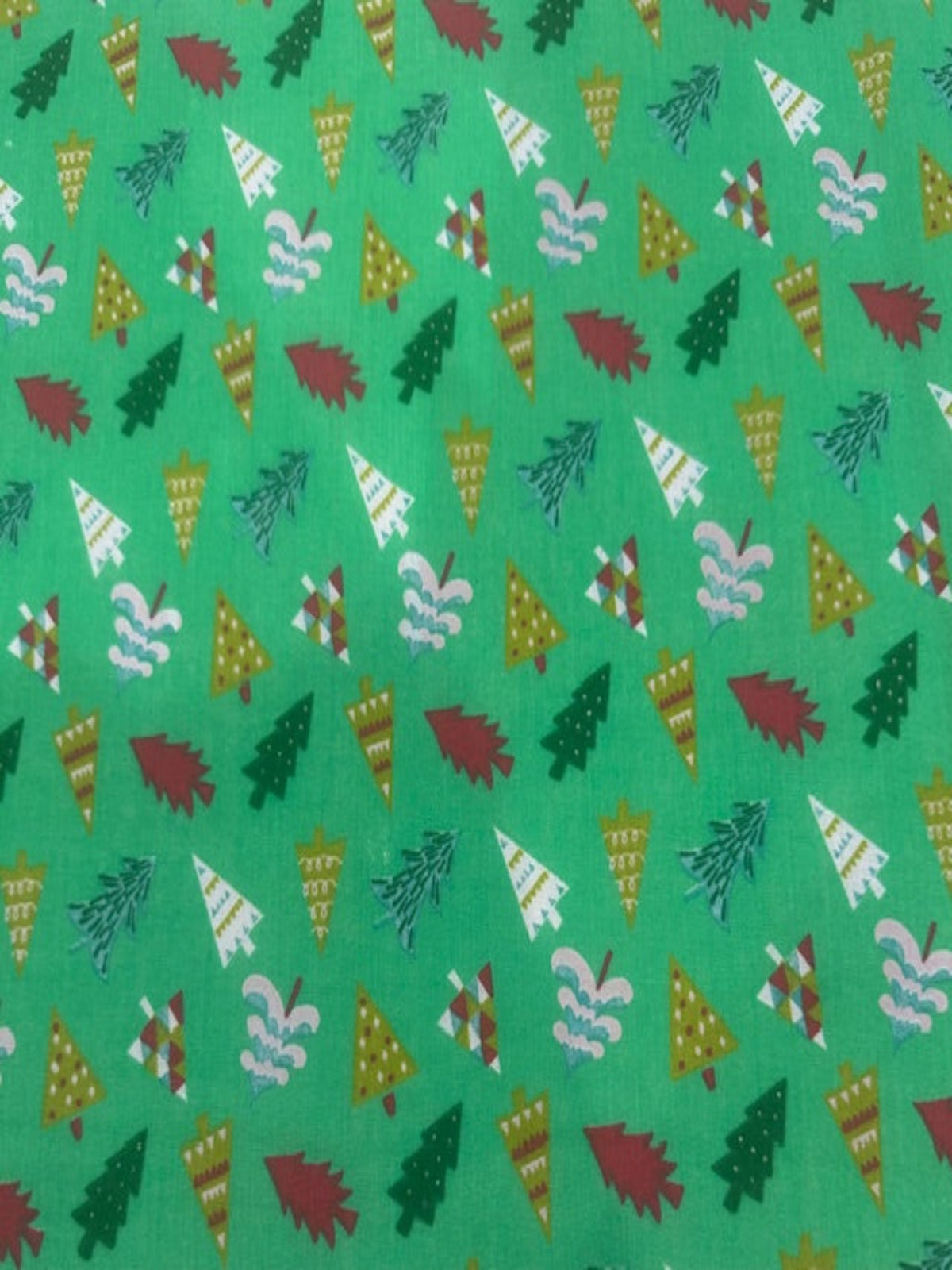 Multicolour Xmas Trees on Lime Poly/Cotton