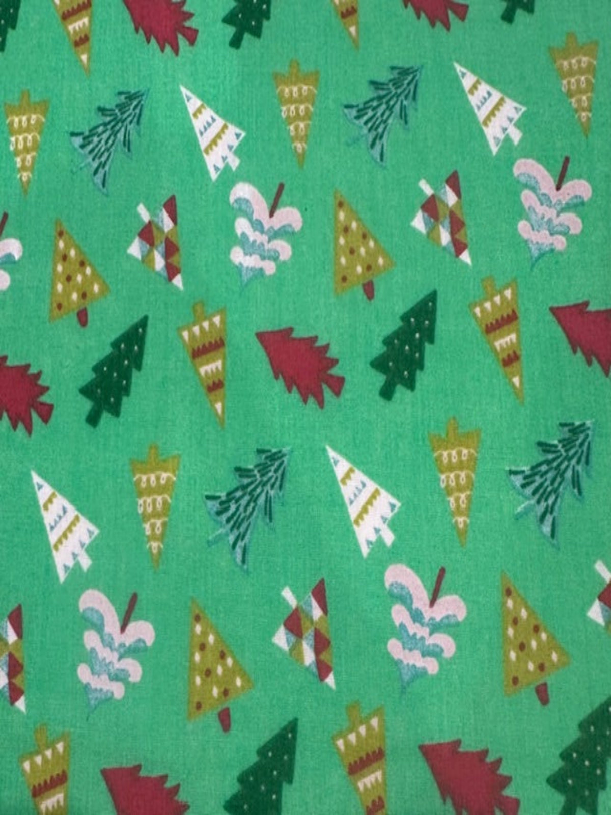 Multicolour Xmas Trees on Lime Poly/Cotton
