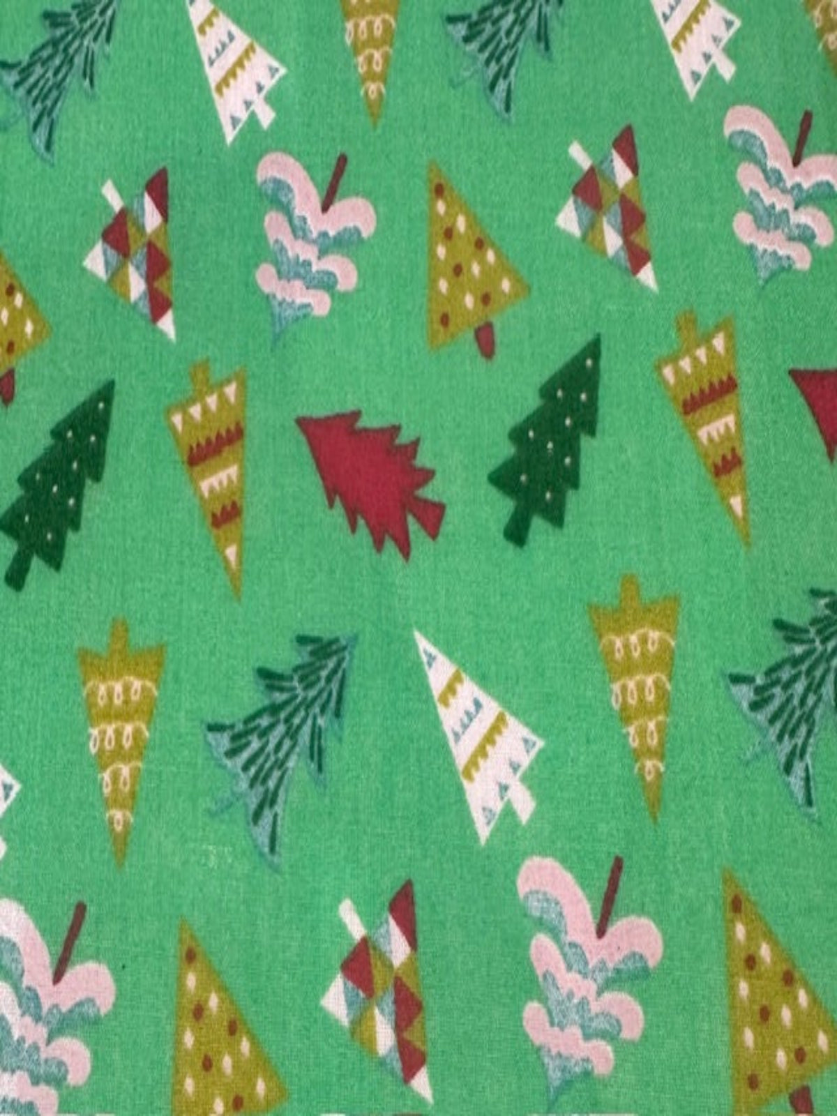 Multicolour Xmas Trees on Lime Poly/Cotton
